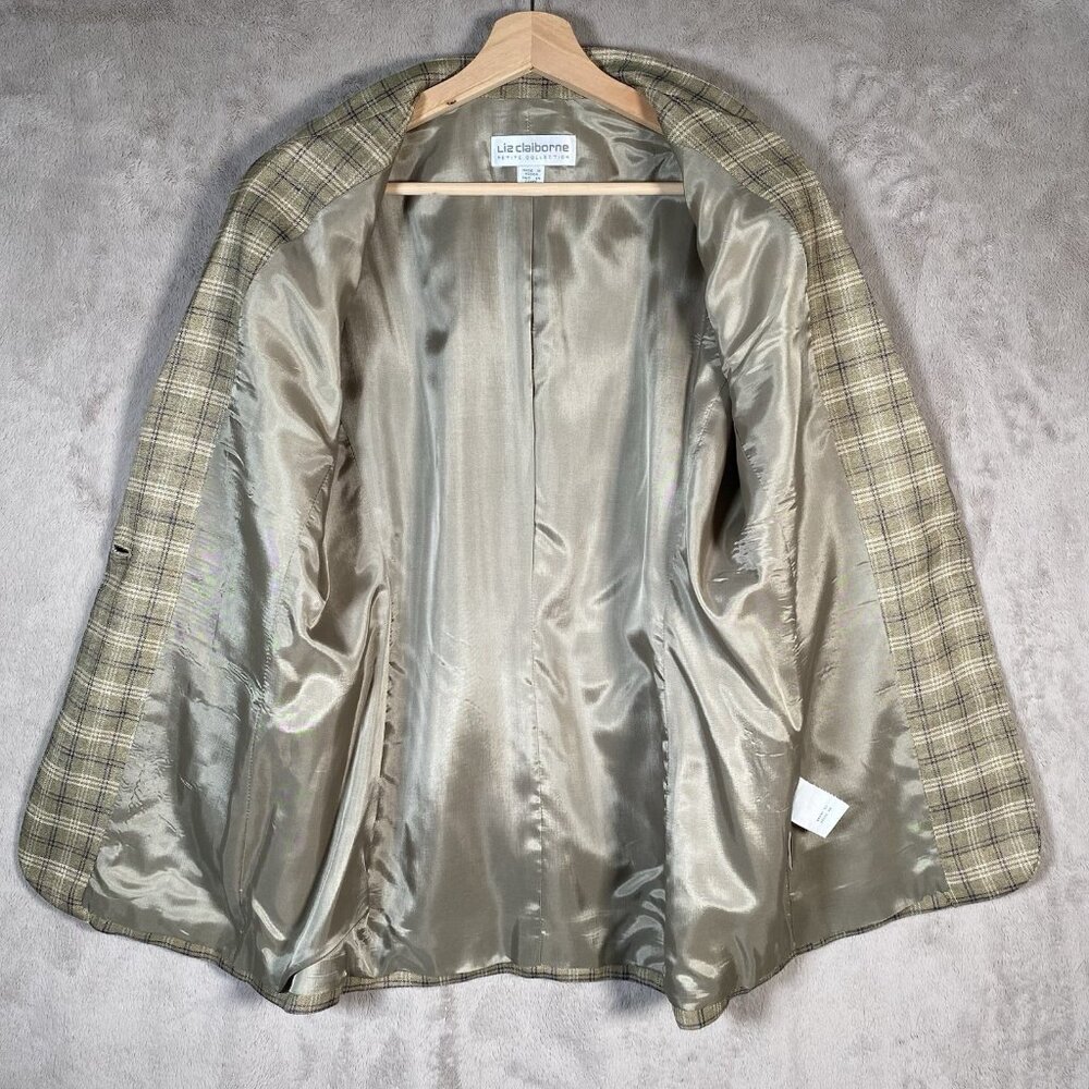 Vintage Liz Claiborne Blazer Women 12 Petite Linen Blend Plaid Academia Heritage - Picture 8 of 15
